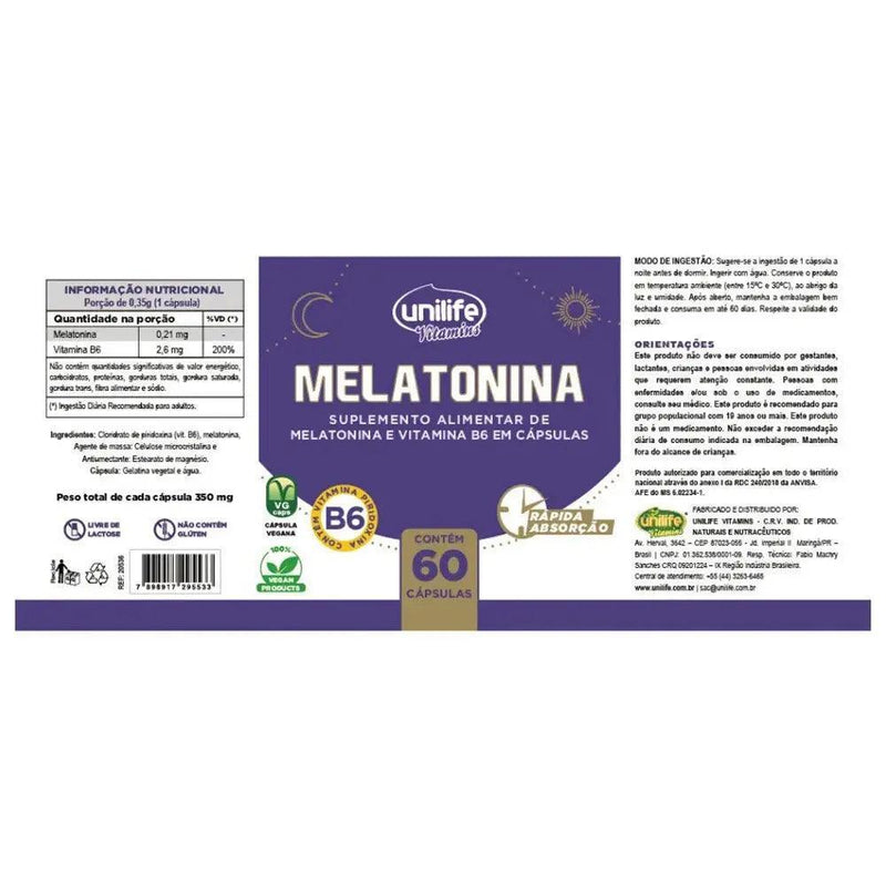 Melatonina Vitamina B6 Unilife 60 caps
