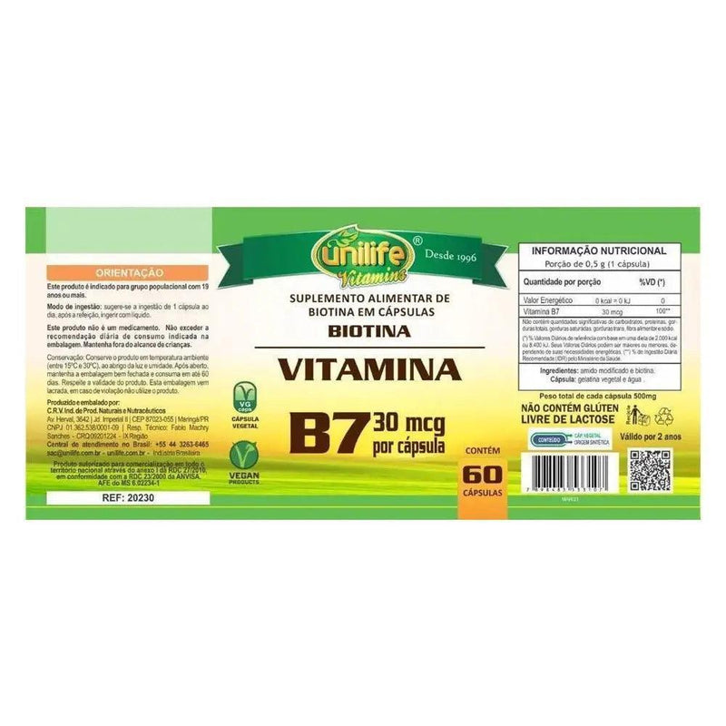Vitamina B7 Biotina - Unilife - 60 Cápsulas