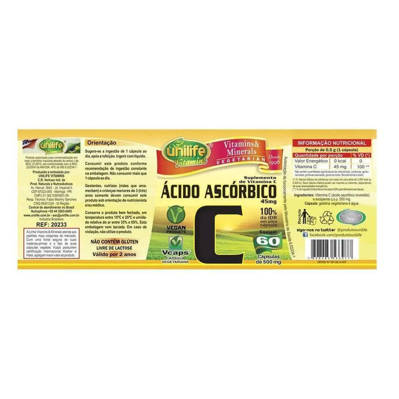 Vitamina C - Ácido Ascórbico - Unilife 60 Cápsulas